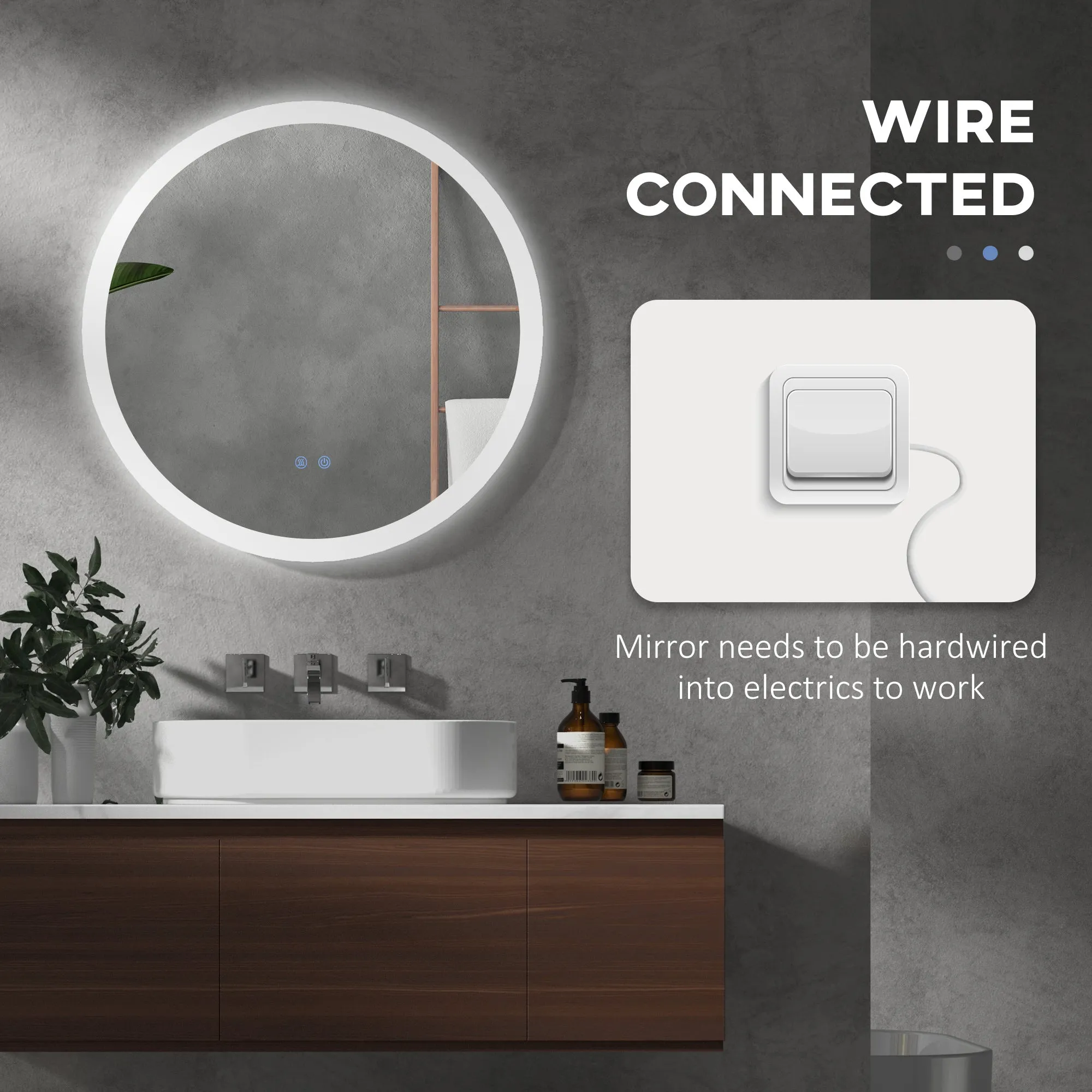 kleankin Round Illuminated Bathroom Mirrors w/ LED Lights, Wall Mount Mirror w/ 3 Colours, Anti-Fog, Memory Function & Aluminium, 70 x 70 cm